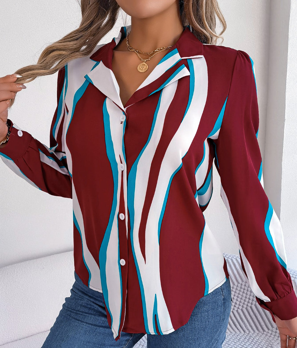 ✨ Chemise Femme Décontractée – Rayures Color Block & Col Cranté ✨