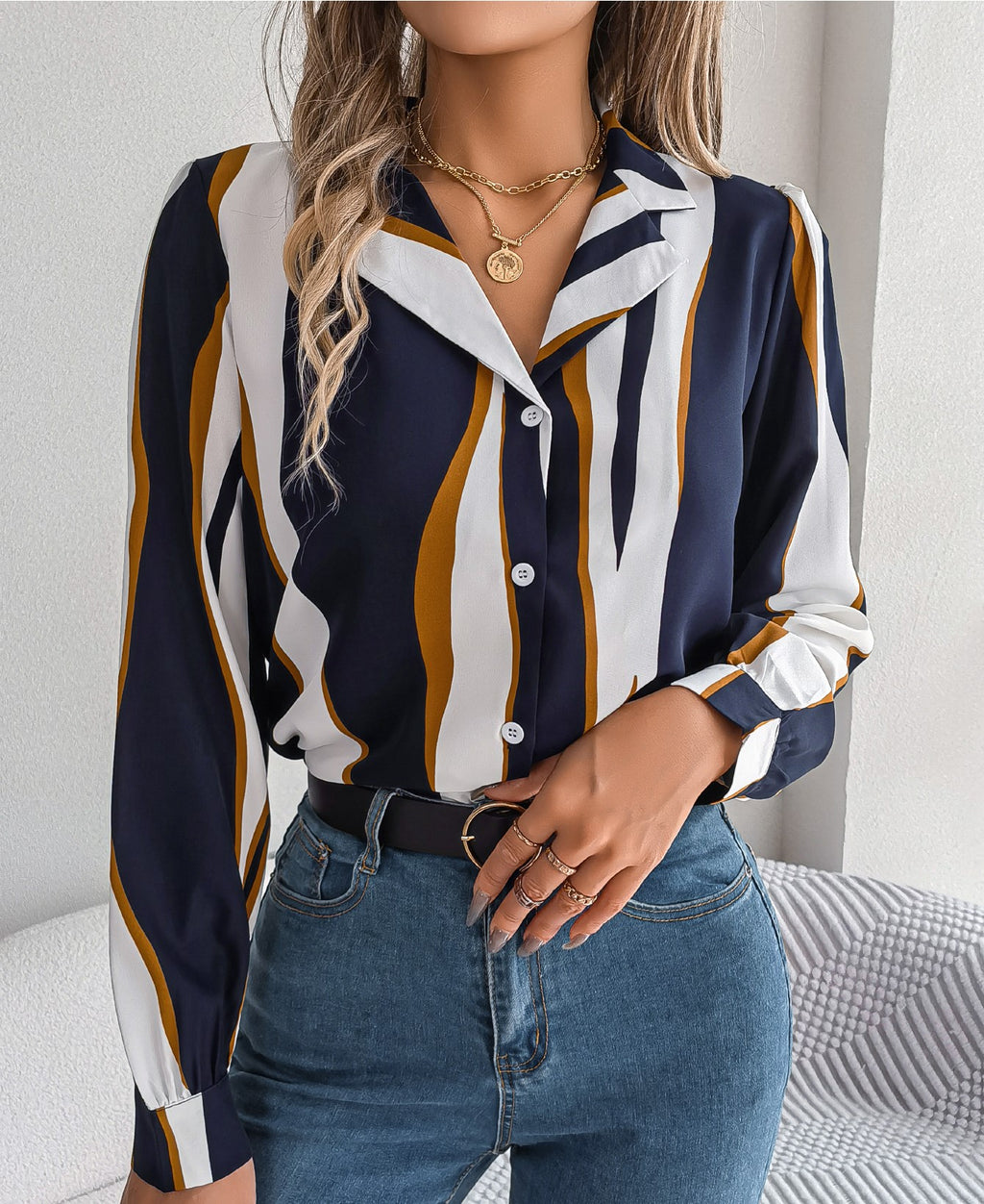 ✨ Chemise Femme Décontractée – Rayures Color Block & Col Cranté ✨