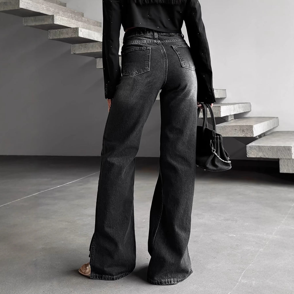 ✨ Jean Femme Taille Haute – Coupe Légèrement Évasée & Taille Oblique ✨