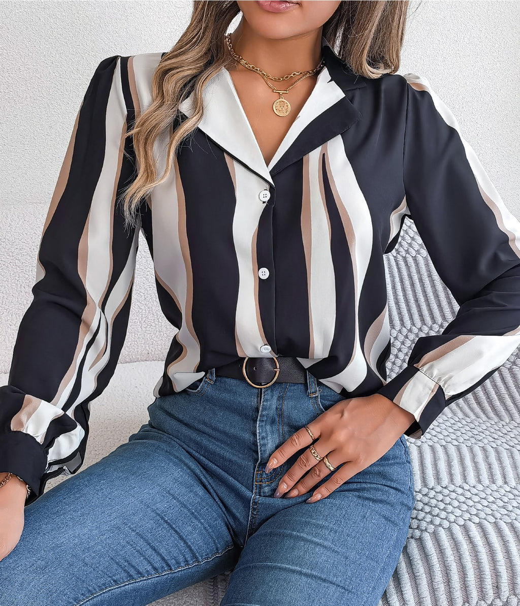 ✨ Chemise Femme Décontractée – Rayures Color Block & Col Cranté ✨