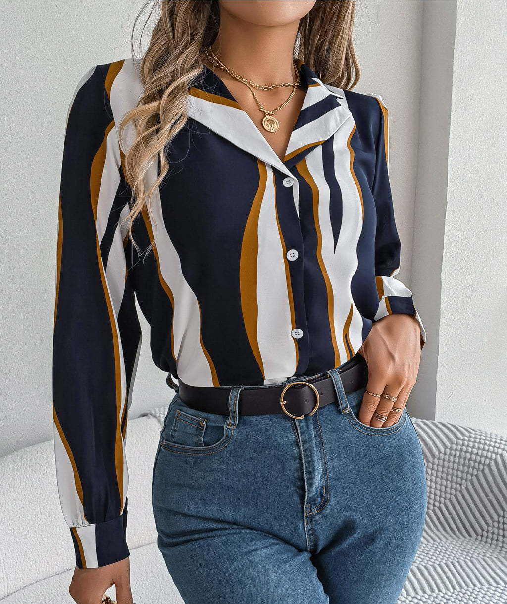 ✨ Chemise Femme Décontractée – Rayures Color Block & Col Cranté ✨