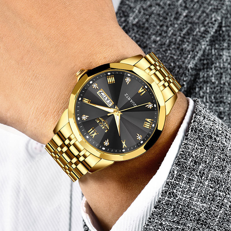 ⌚ Montre Homme Quartz Étanche à Double Calendrier et Aiguilles Lumineuses