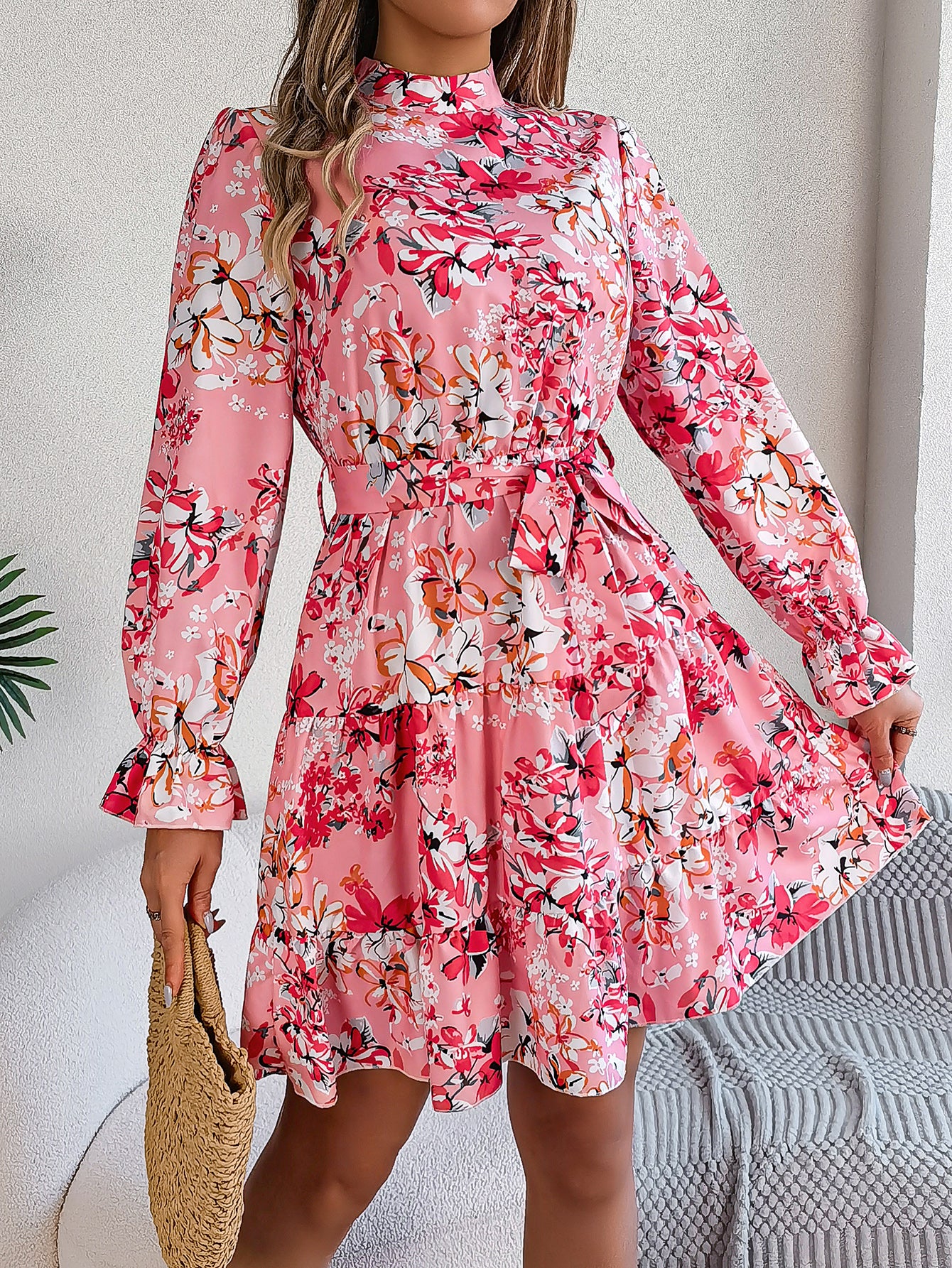 ✨ Robe Femme Élégante – Col Montant, Imprimé Floral & Taille Ceinturée ✨